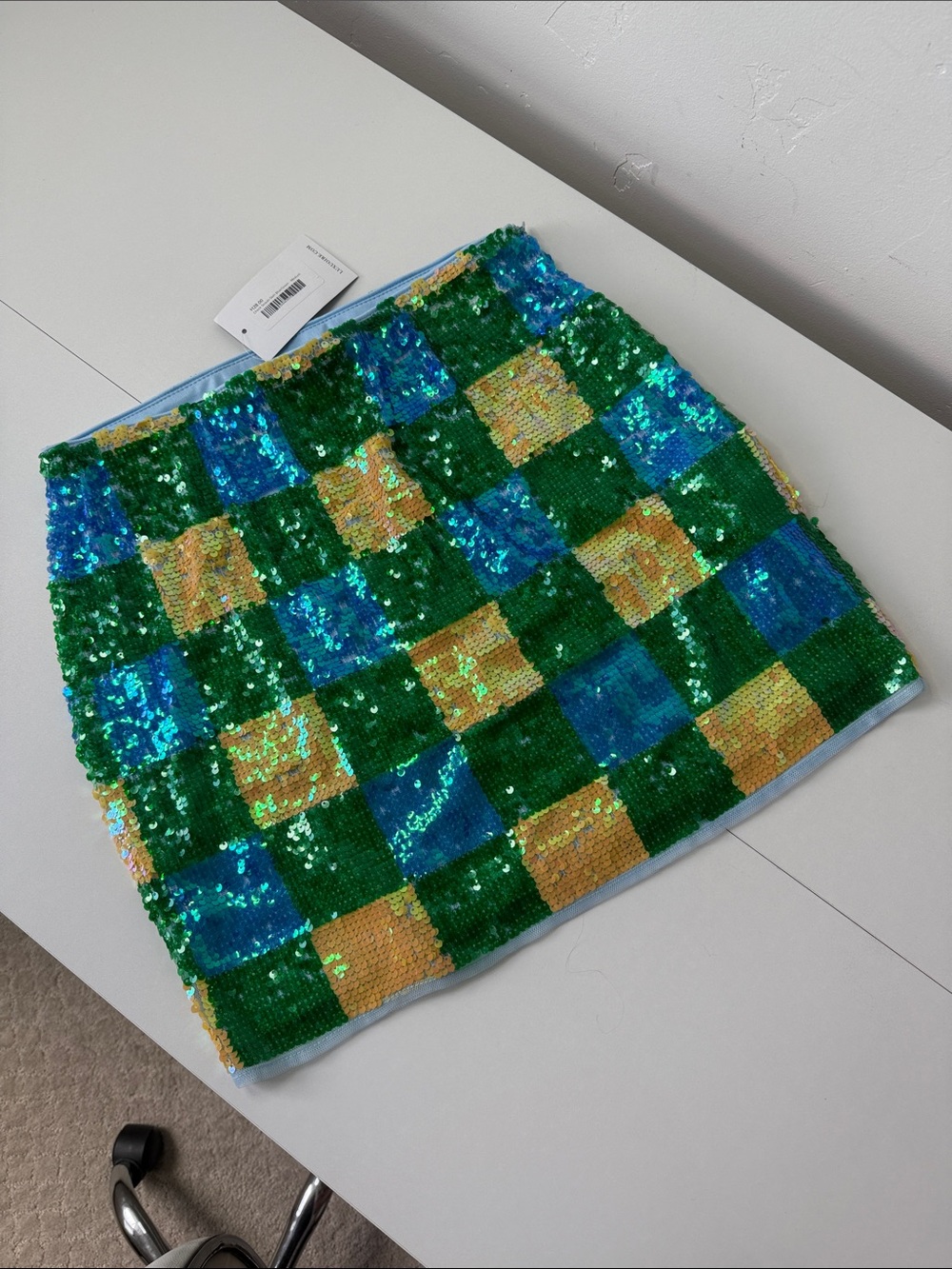 Sequin Checkered Mini Skirt in Green, Blue & Gold